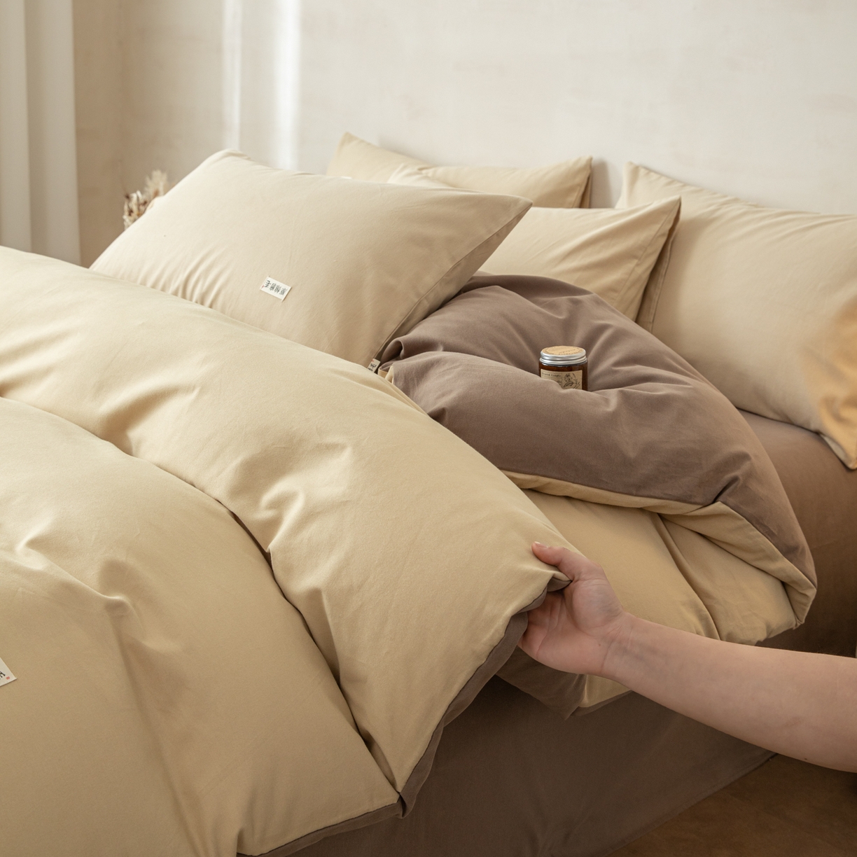 91家纺网 家纺一手货源 找家纺 眠博士 2026新款A类纯色全棉磨毛四件套-陶瓷 套件-陶瓷杏+咖