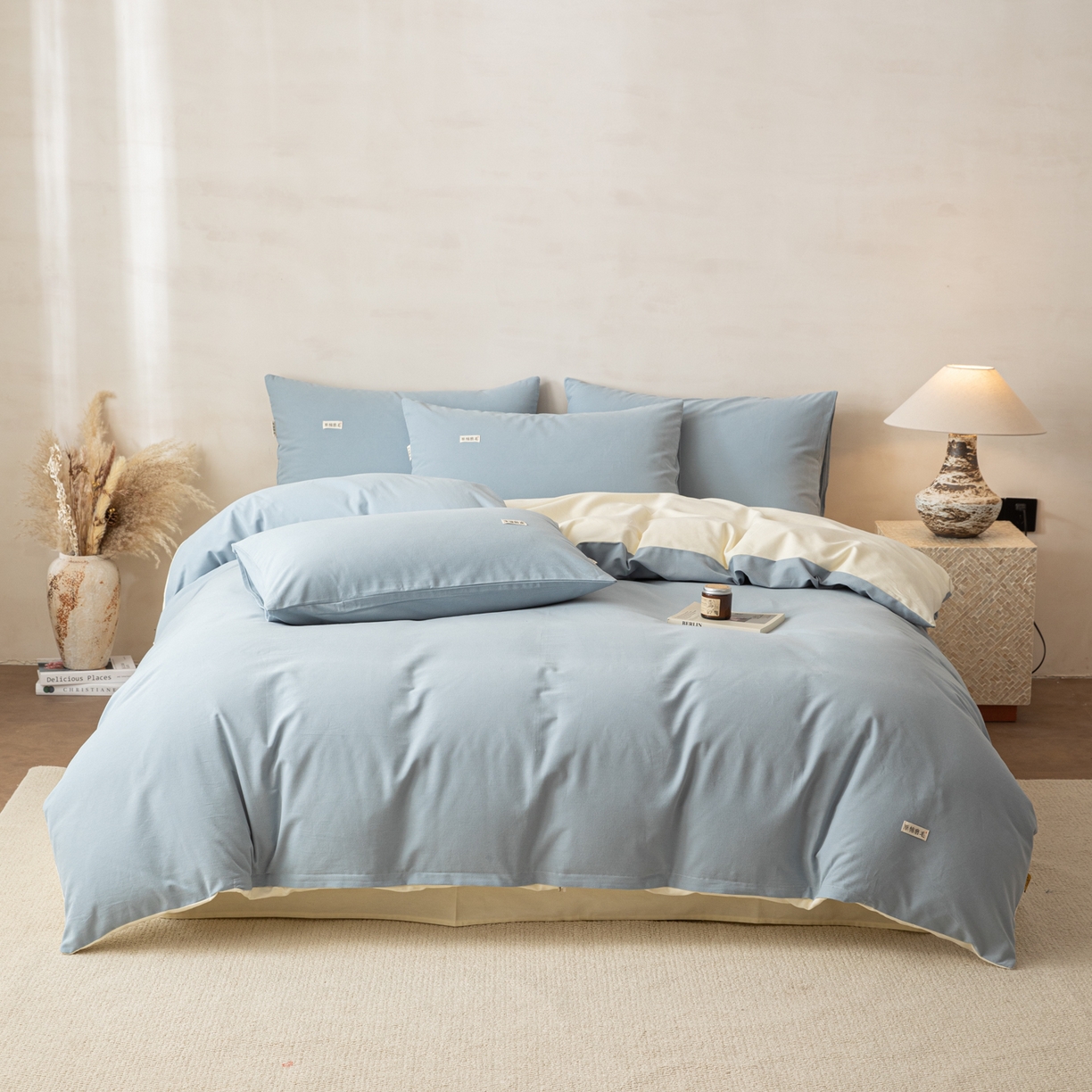 91家纺网 家纺一手货源 找家纺 眠博士 2026新款A类纯色全棉磨毛四件套-陶瓷 套件-陶瓷浅蓝+奶白