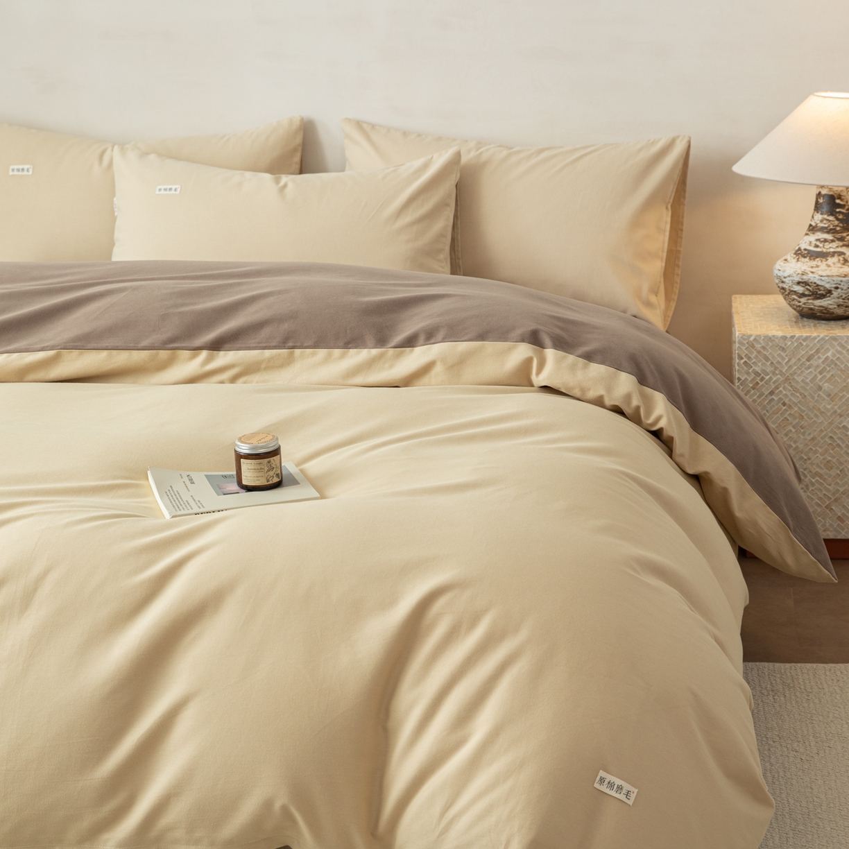 91家纺网 家纺一手货源 找家纺 眠博士 2026新款A类纯色全棉磨毛四件套-陶瓷 套件-陶瓷杏+咖