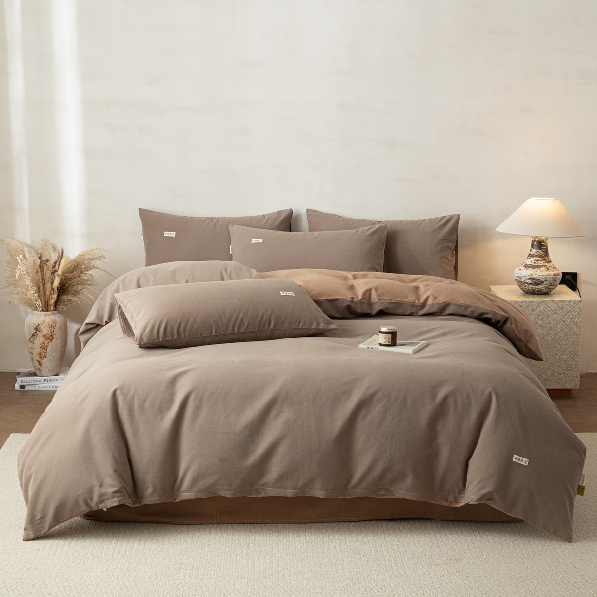 91家纺网 家纺一手货源 找家纺 眠博士 2026新款A类纯色全棉磨毛四件套-陶瓷 套件-陶瓷咖+卡其