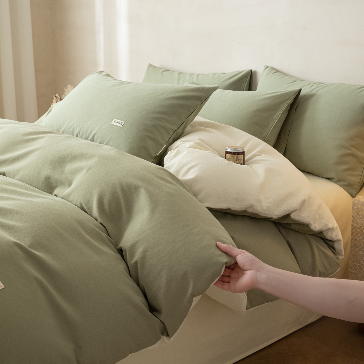 91家纺网 家纺一手货源 找家纺 眠博士 2026新款A类纯色全棉磨毛四件套-陶瓷 套件-陶瓷草绿+奶白