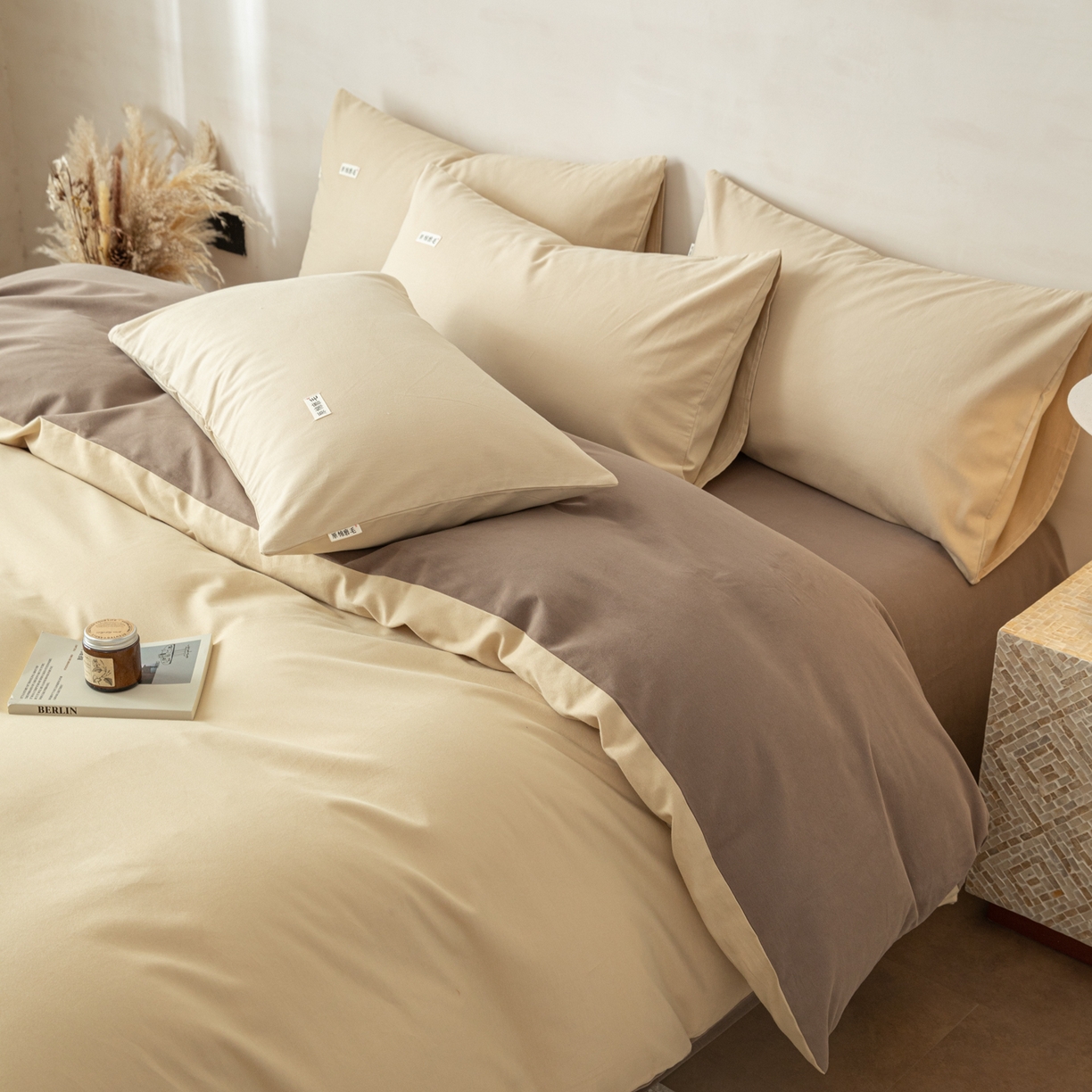 91家纺网 家纺一手货源 找家纺 眠博士 2026新款A类纯色全棉磨毛四件套-陶瓷 套件-陶瓷杏+咖