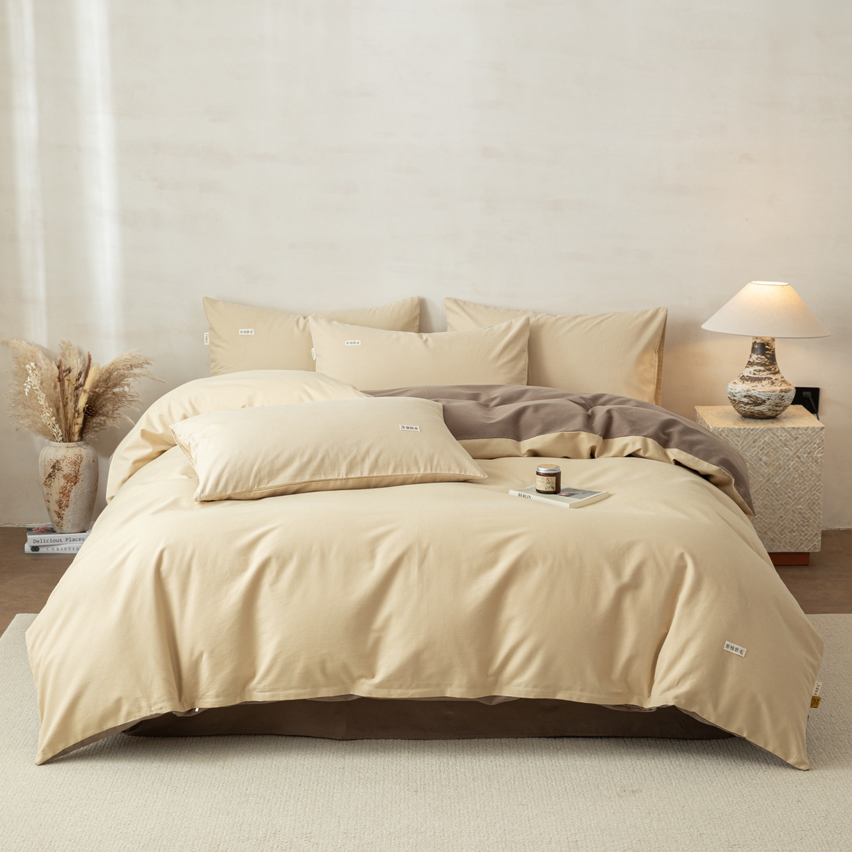 91家纺网 家纺一手货源 找家纺 眠博士 2026新款A类纯色全棉磨毛四件套-陶瓷 套件-陶瓷杏+咖