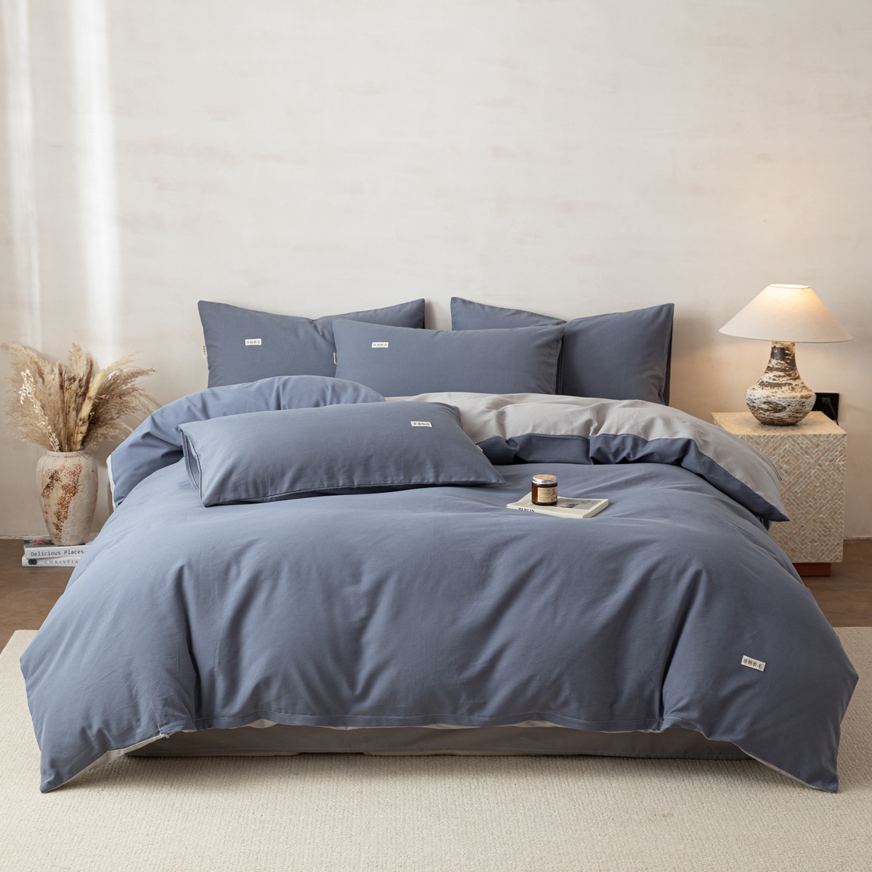 91家纺网 家纺一手货源 找家纺 眠博士 2026新款A类纯色全棉磨毛四件套-陶瓷 套件-陶瓷深蓝+浅灰