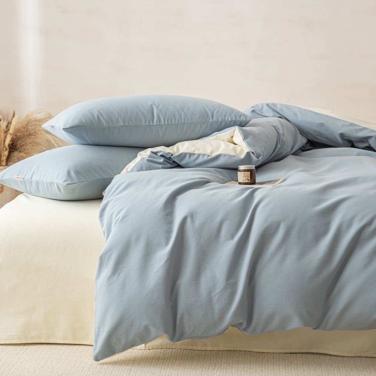 91家纺网 家纺一手货源 找家纺 眠博士 2026新款A类纯色全棉磨毛四件套-陶瓷 套件-陶瓷浅蓝+奶白