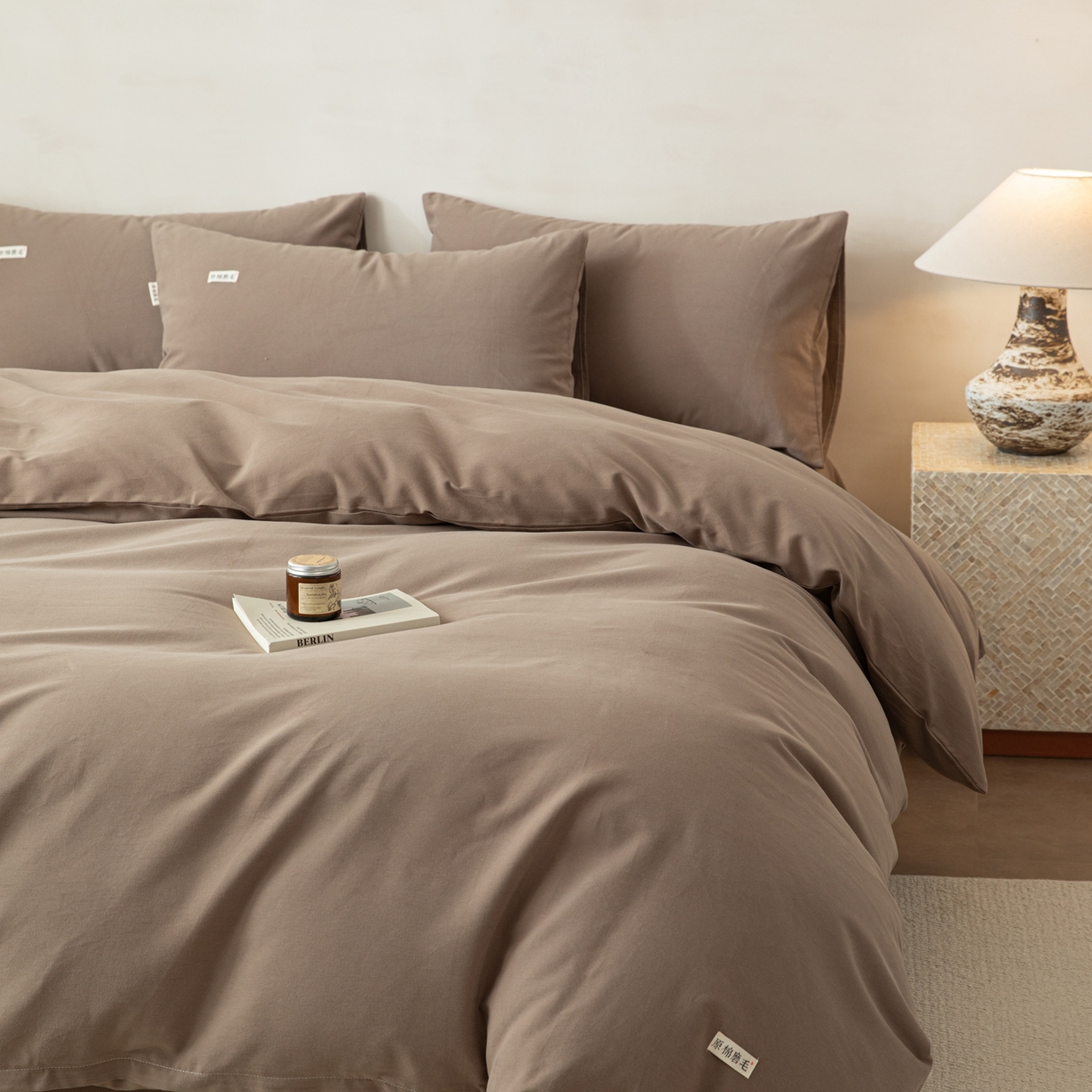 91家纺网 家纺一手货源 找家纺 眠博士 2026新款A类纯色全棉磨毛四件套-陶瓷 套件-陶瓷咖