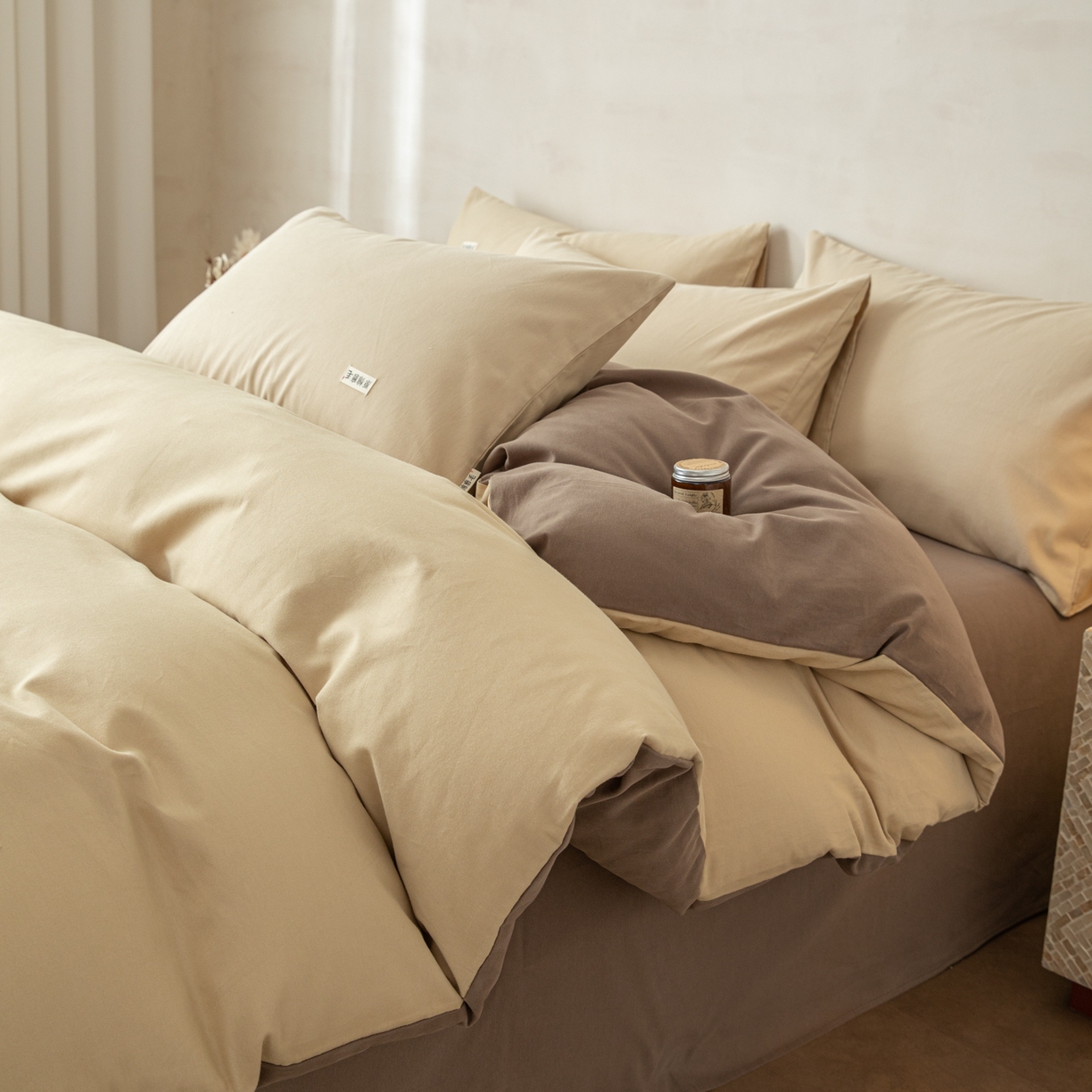 眠博士 2026新款A类纯色全棉磨毛四件套-陶瓷 套件-陶瓷杏+咖