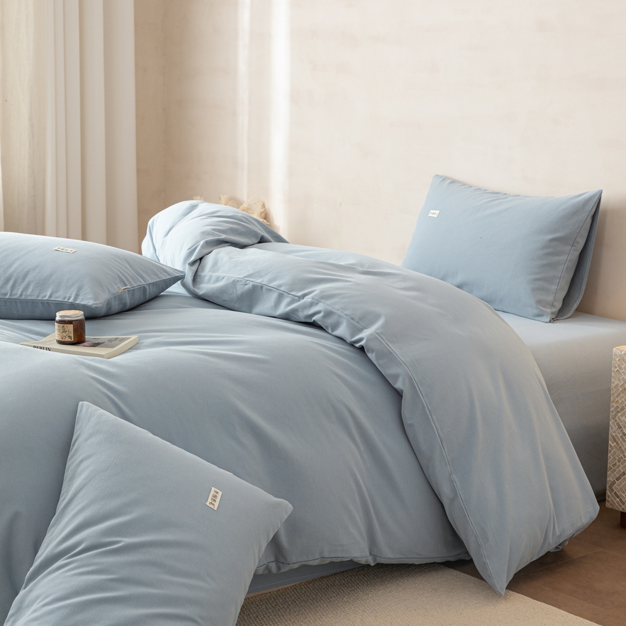 91家纺网 家纺一手货源 找家纺 眠博士 2026新款A类纯色全棉磨毛四件套-陶瓷 套件-陶瓷浅蓝