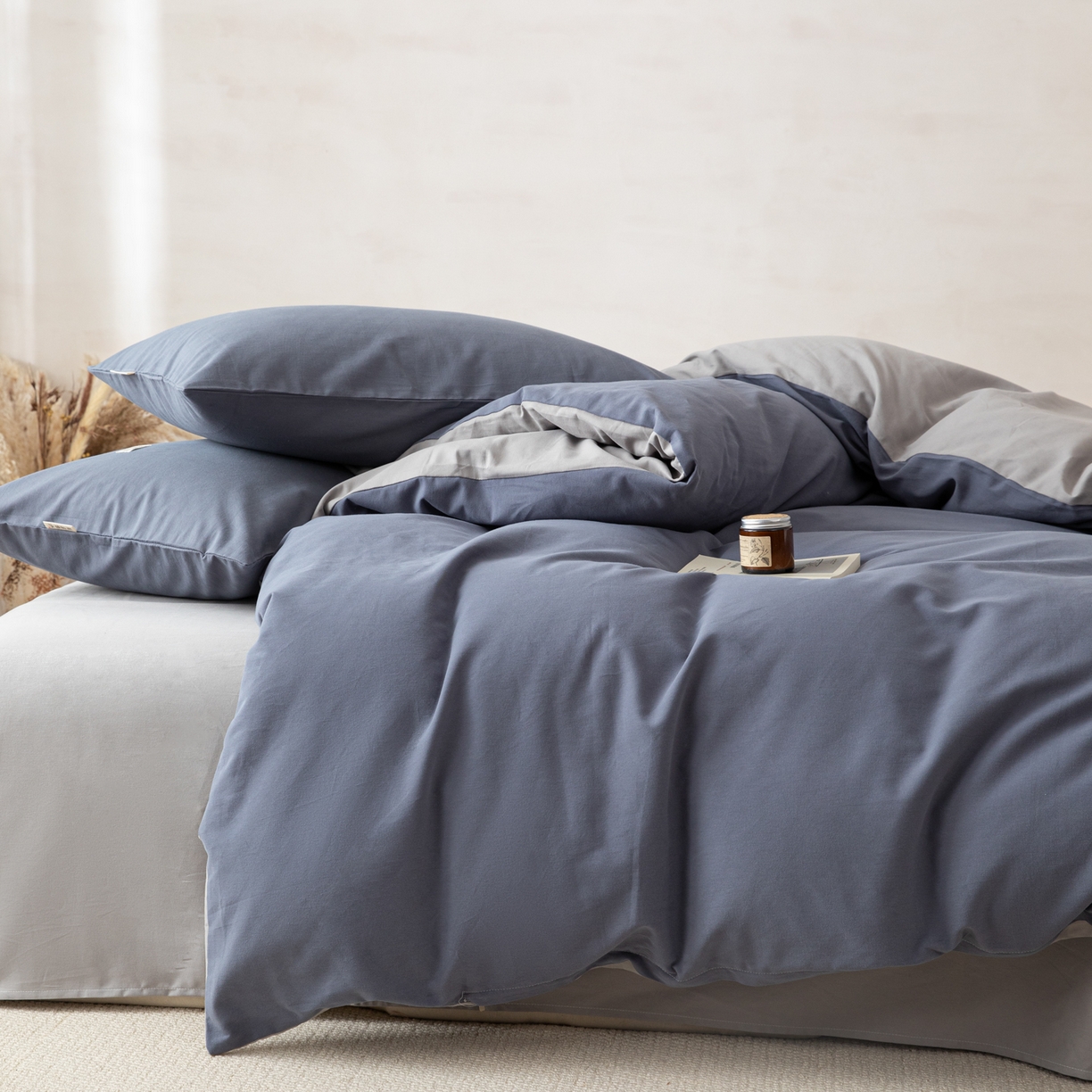 91家纺网 家纺一手货源 找家纺 眠博士 2026新款A类纯色全棉磨毛四件套-陶瓷 套件-陶瓷深蓝+浅灰