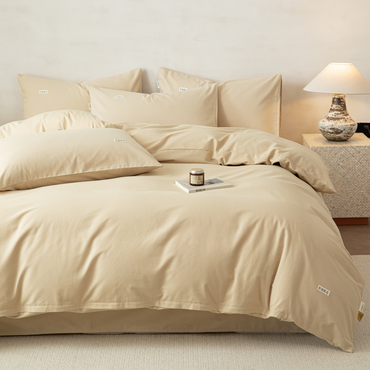 91家纺网 家纺一手货源 找家纺 眠博士 2026新款A类纯色全棉磨毛四件套-陶瓷 套件-陶瓷杏