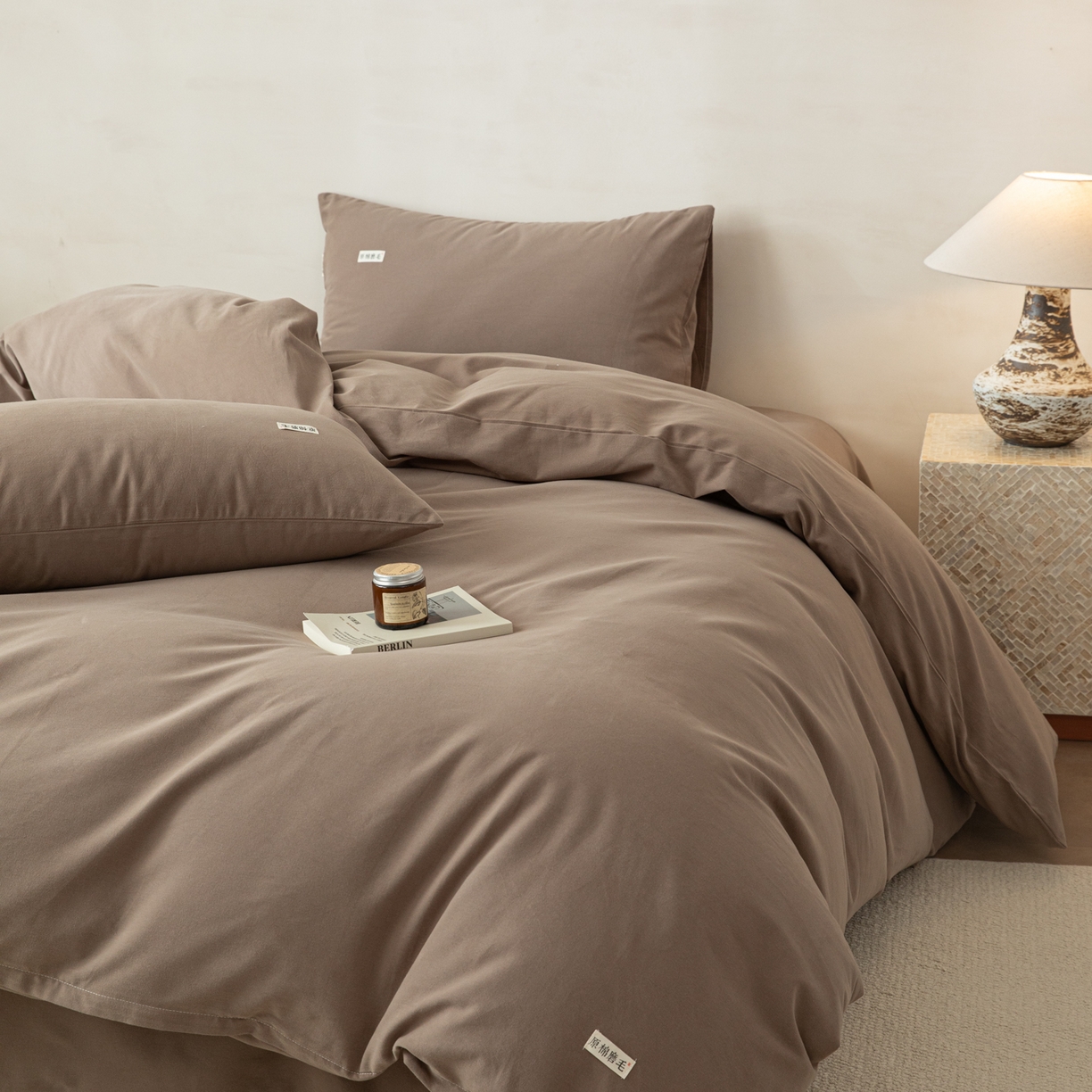 91家纺网 家纺一手货源 找家纺 眠博士 2026新款A类纯色全棉磨毛四件套-陶瓷 套件-陶瓷咖