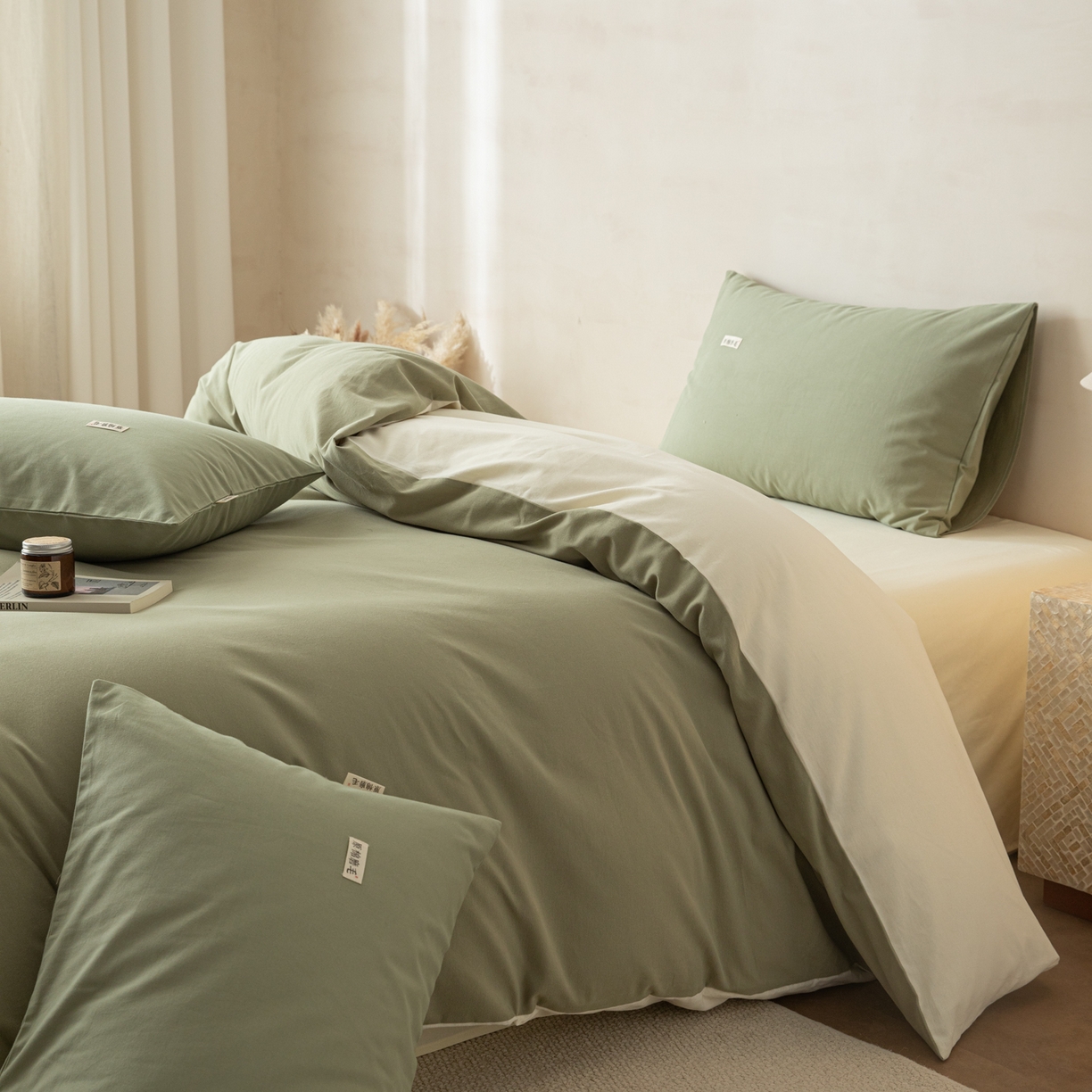 91家纺网 家纺一手货源 找家纺 眠博士 2026新款A类纯色全棉磨毛四件套-陶瓷 套件-陶瓷草绿+奶白