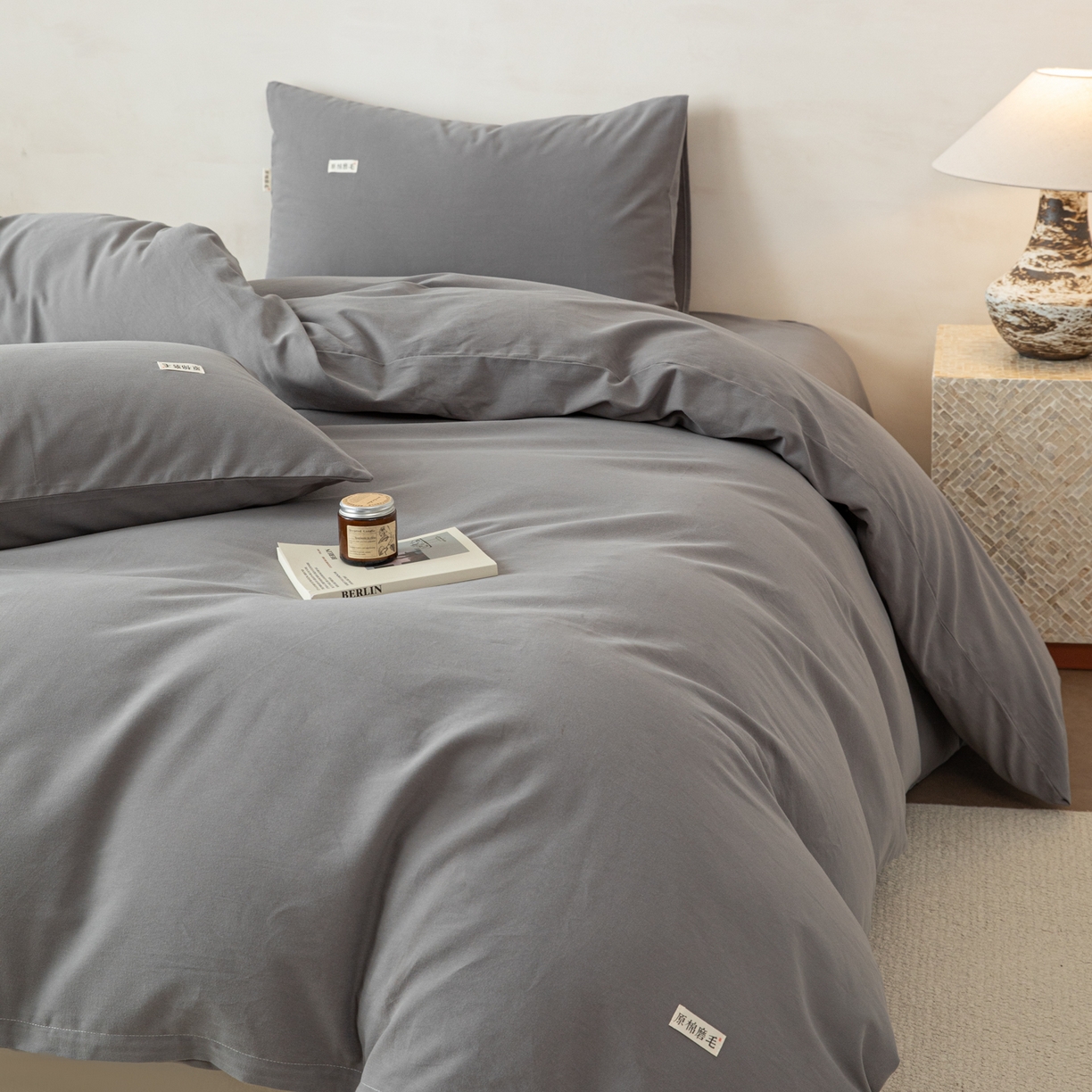 91家纺网 家纺一手货源 找家纺 眠博士 2026新款A类纯色全棉磨毛四件套-陶瓷 套件-陶瓷深灰