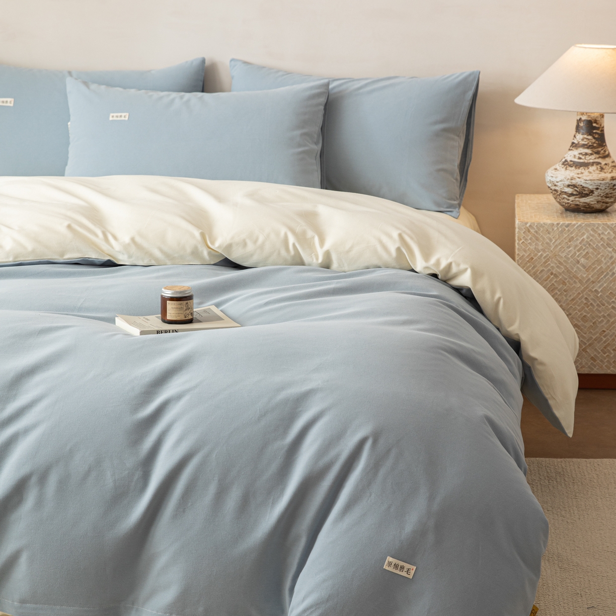 91家纺网 家纺一手货源 找家纺 眠博士 2026新款A类纯色全棉磨毛四件套-陶瓷 套件-陶瓷浅蓝+奶白