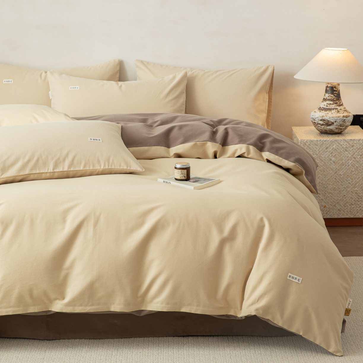 91家纺网 家纺一手货源 找家纺 眠博士 2026新款A类纯色全棉磨毛四件套-陶瓷 套件-陶瓷杏+咖