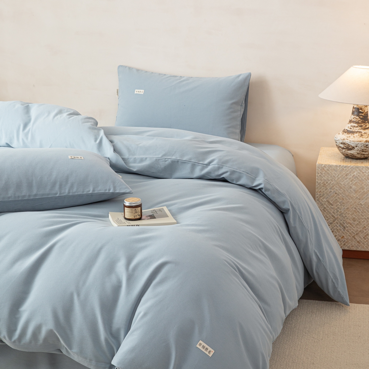 91家纺网 家纺一手货源 找家纺 眠博士 2026新款A类纯色全棉磨毛四件套-陶瓷 套件-陶瓷浅蓝