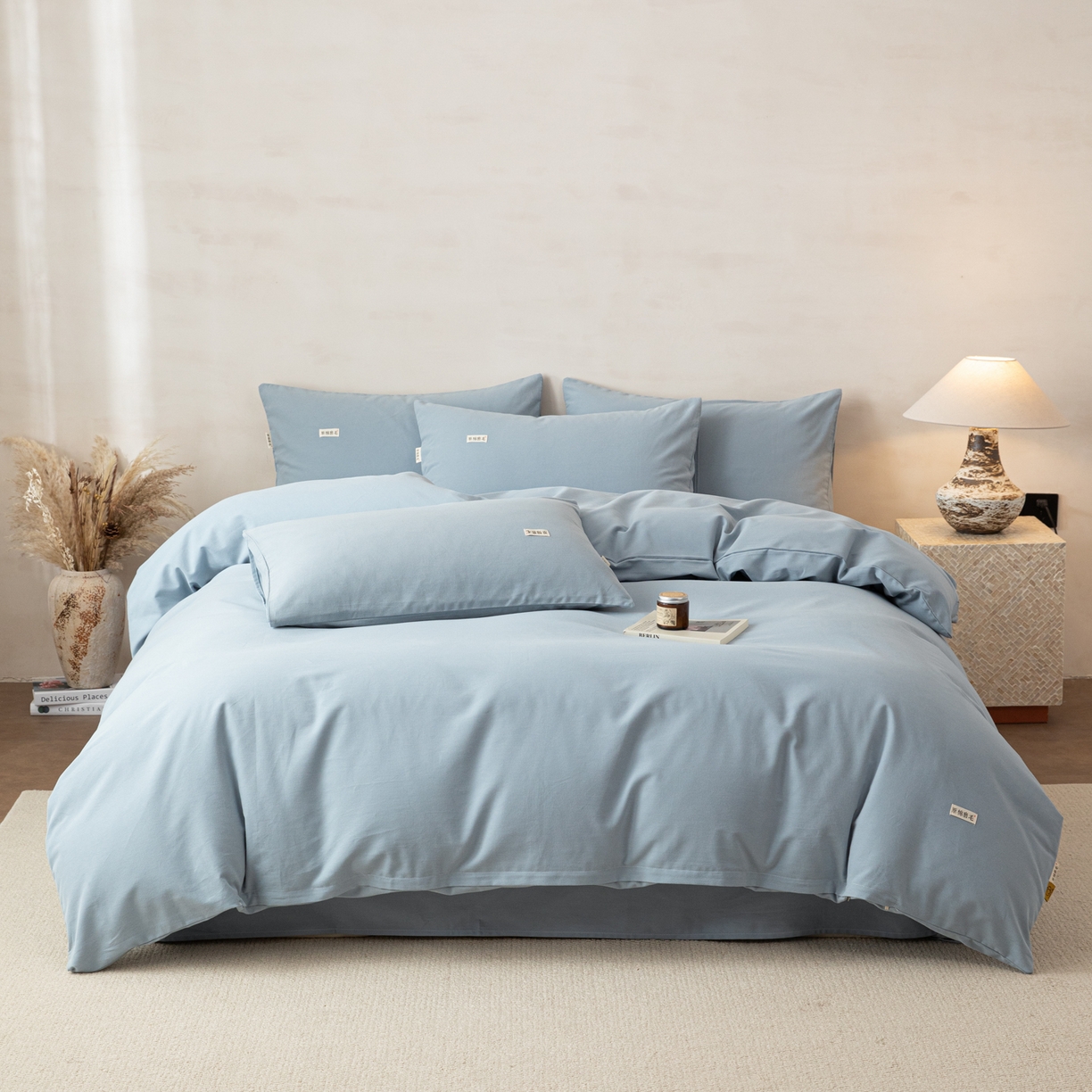 91家纺网 家纺一手货源 找家纺 眠博士 2026新款A类纯色全棉磨毛四件套-陶瓷 套件-陶瓷浅蓝