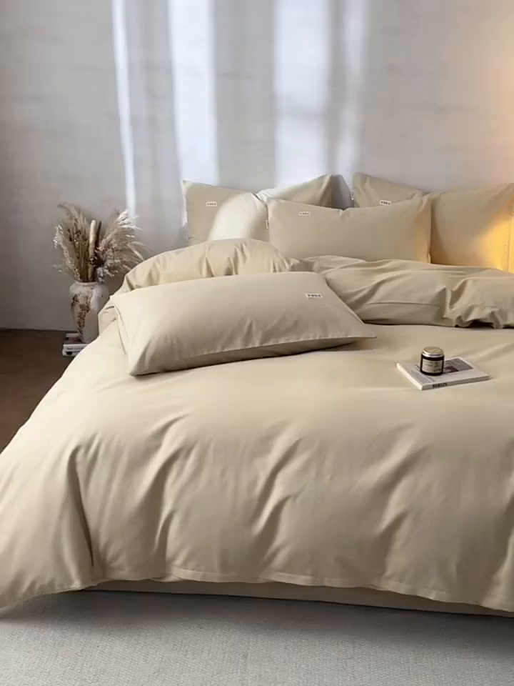 91家纺网 家纺一手货源 找家纺 眠博士 2026新款A类纯色全棉磨毛四件套-陶瓷 套件-陶瓷杏