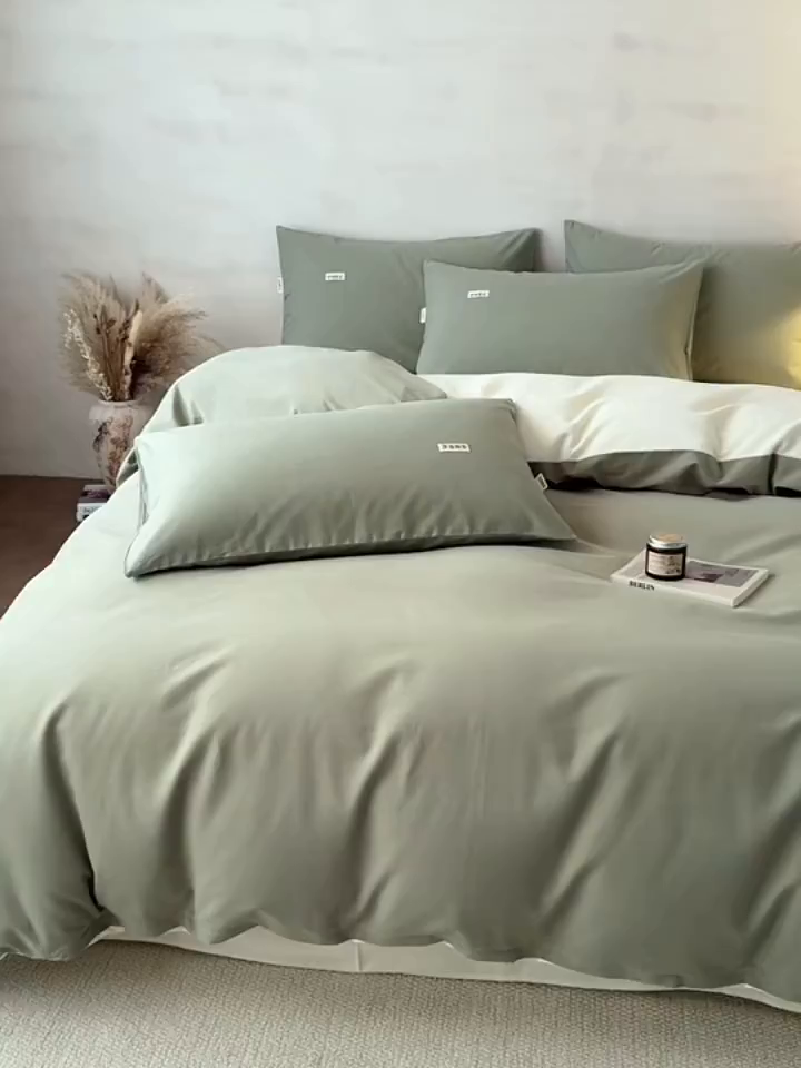 91家纺网 家纺一手货源 找家纺 眠博士 2026新款A类纯色全棉磨毛四件套-陶瓷 套件-陶瓷草绿+奶白