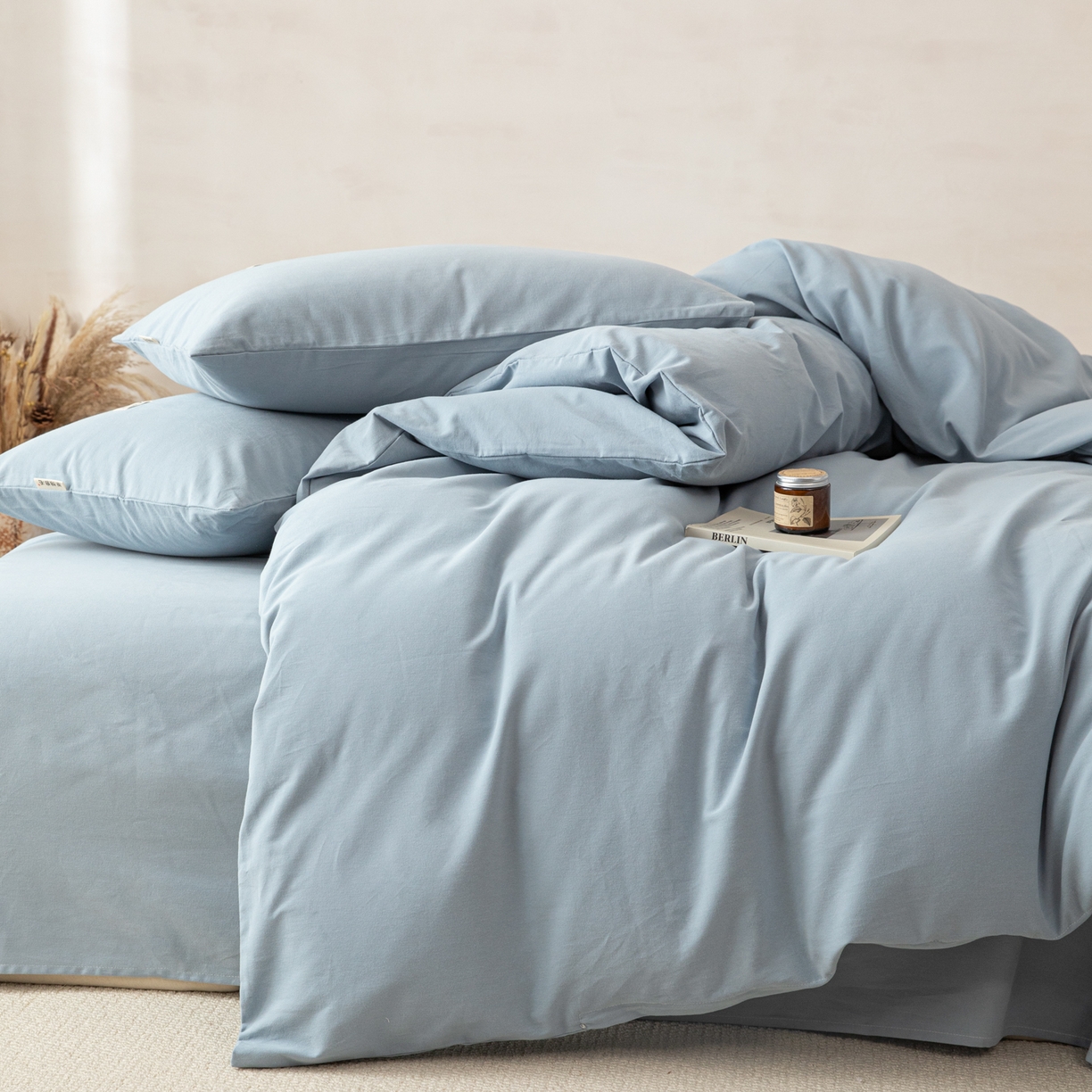 91家纺网 家纺一手货源 找家纺 眠博士 2026新款A类纯色全棉磨毛四件套-陶瓷 套件-陶瓷浅蓝