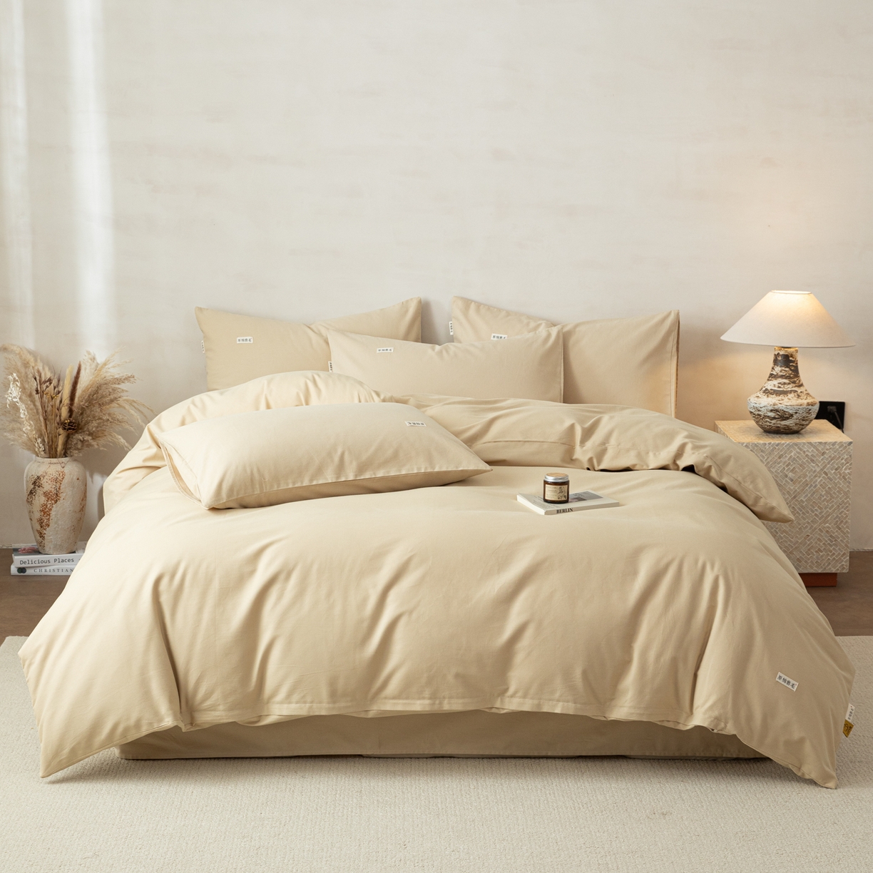 91家纺网 家纺一手货源 找家纺 眠博士 2026新款A类纯色全棉磨毛四件套-陶瓷 套件-陶瓷杏