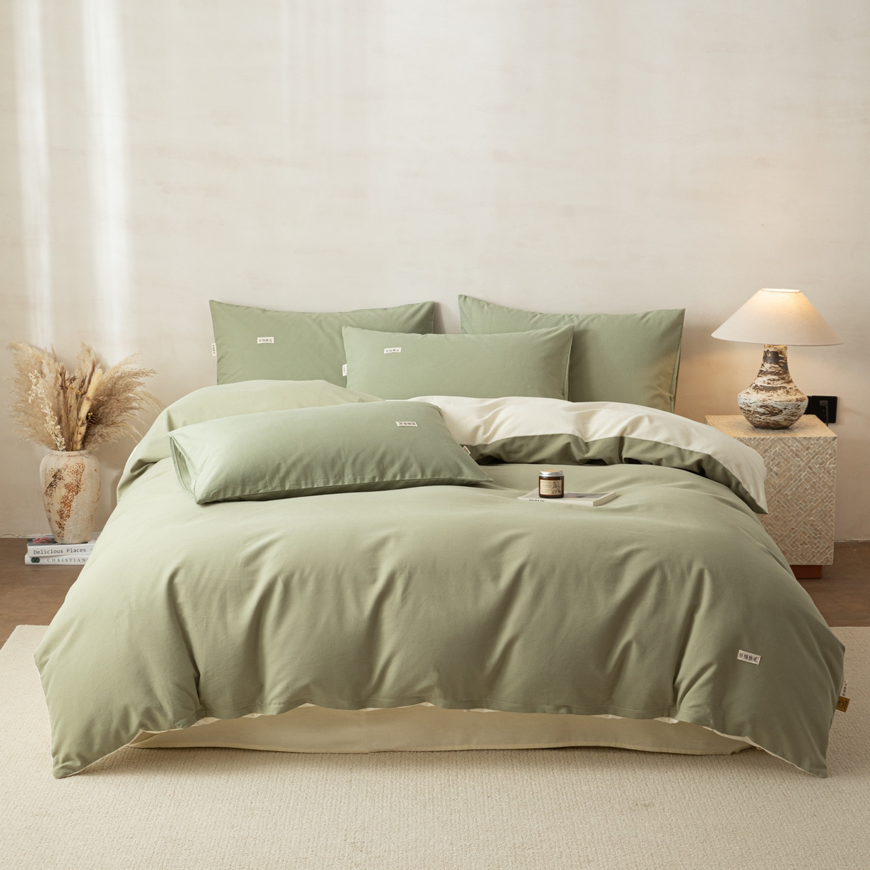 91家纺网 家纺一手货源 找家纺 眠博士 2026新款A类纯色全棉磨毛四件套-陶瓷 套件-陶瓷草绿+奶白