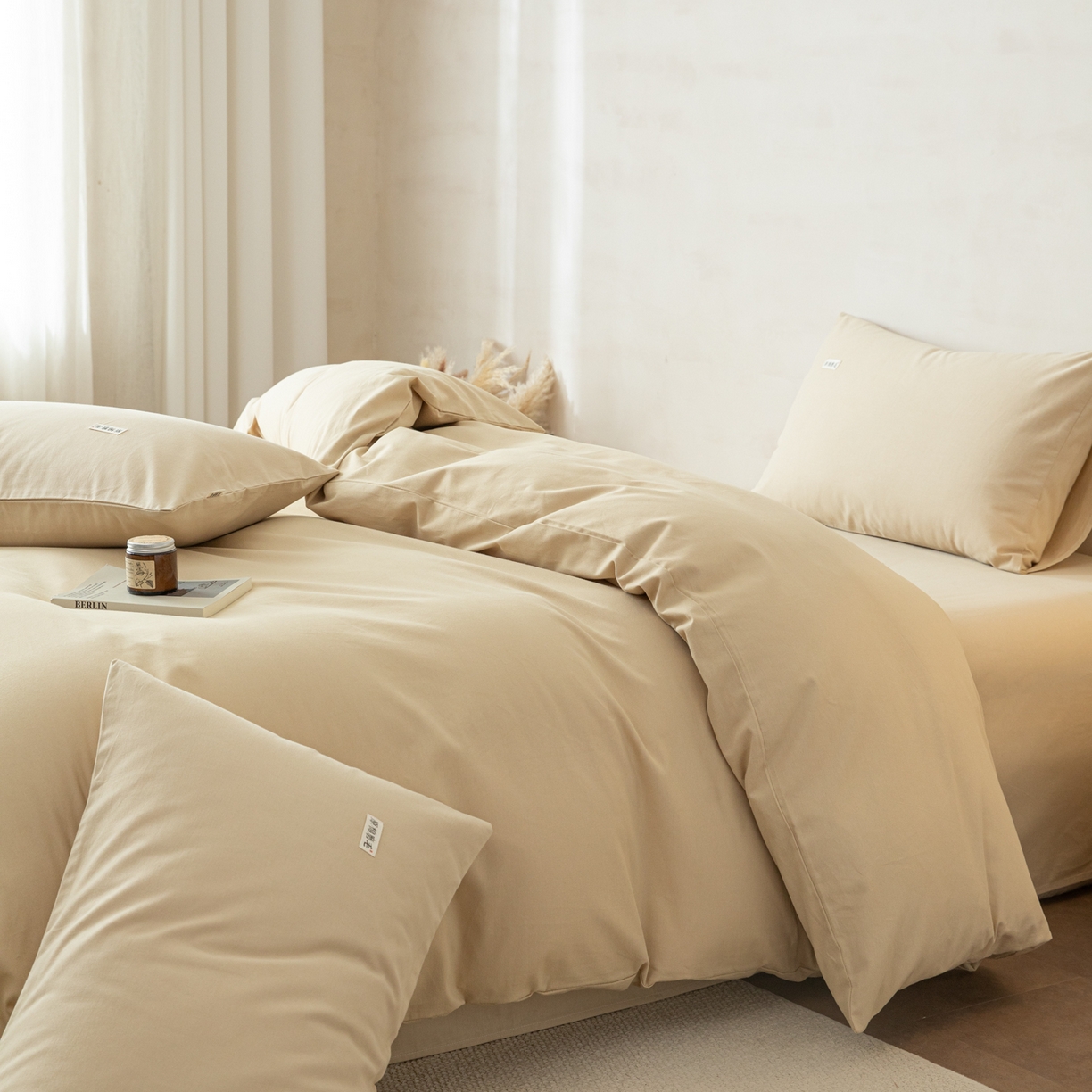 91家纺网 家纺一手货源 找家纺 眠博士 2026新款A类纯色全棉磨毛四件套-陶瓷 套件-陶瓷杏