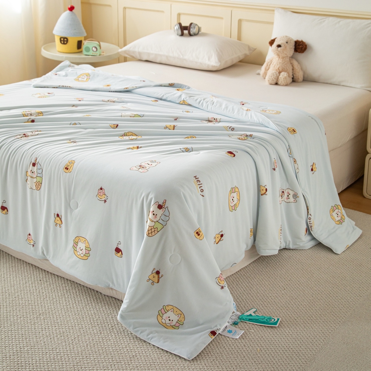 亿莱鑫 2026春夏新款数码印花仿锦氨夏被夏凉被空调被 萌兔茶点