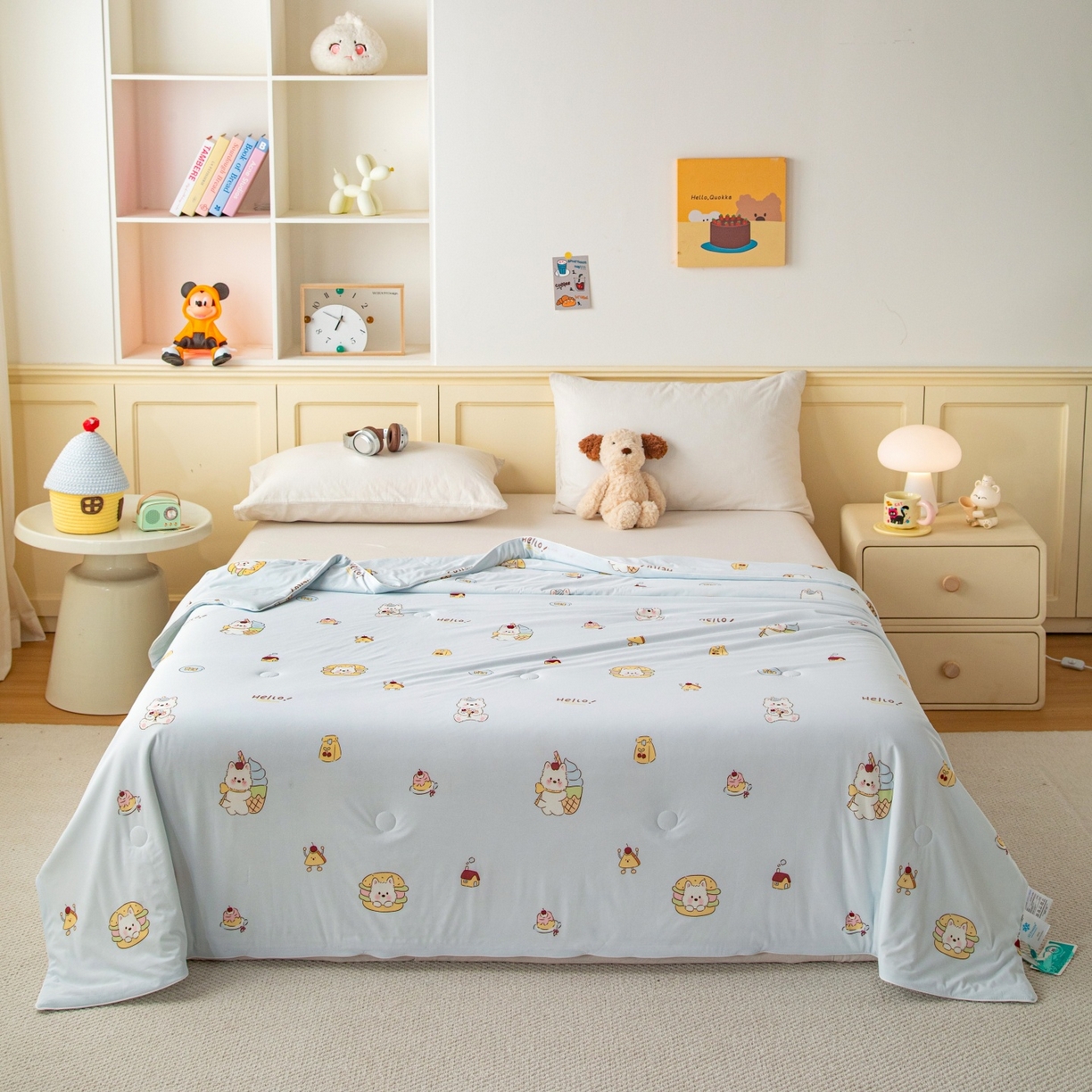 91家纺网 家纺一手货源 找家纺 亿莱鑫 2026春夏新款数码印花仿锦氨夏被夏凉被空调被 萌兔茶点