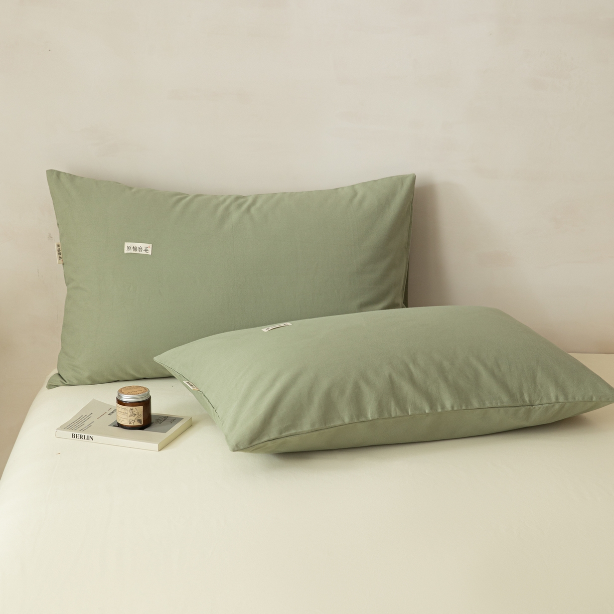 91家纺网 家纺一手货源 找家纺 眠博士 2026新款A类纯色全棉磨毛四件套-陶瓷 套件-陶瓷草绿+奶白