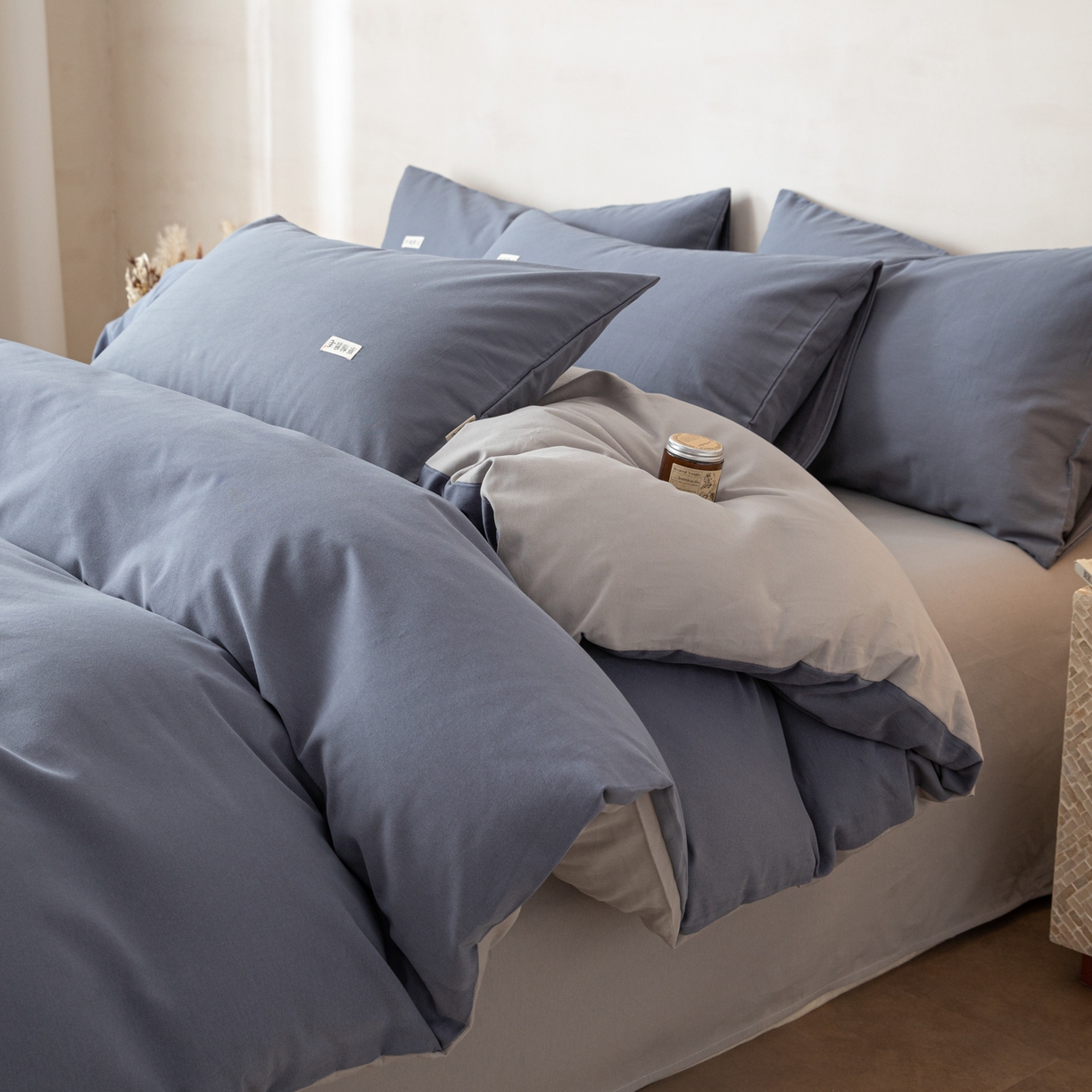眠博士 2026新款A类纯色全棉磨毛四件套-陶瓷 套件-陶瓷深蓝+浅灰