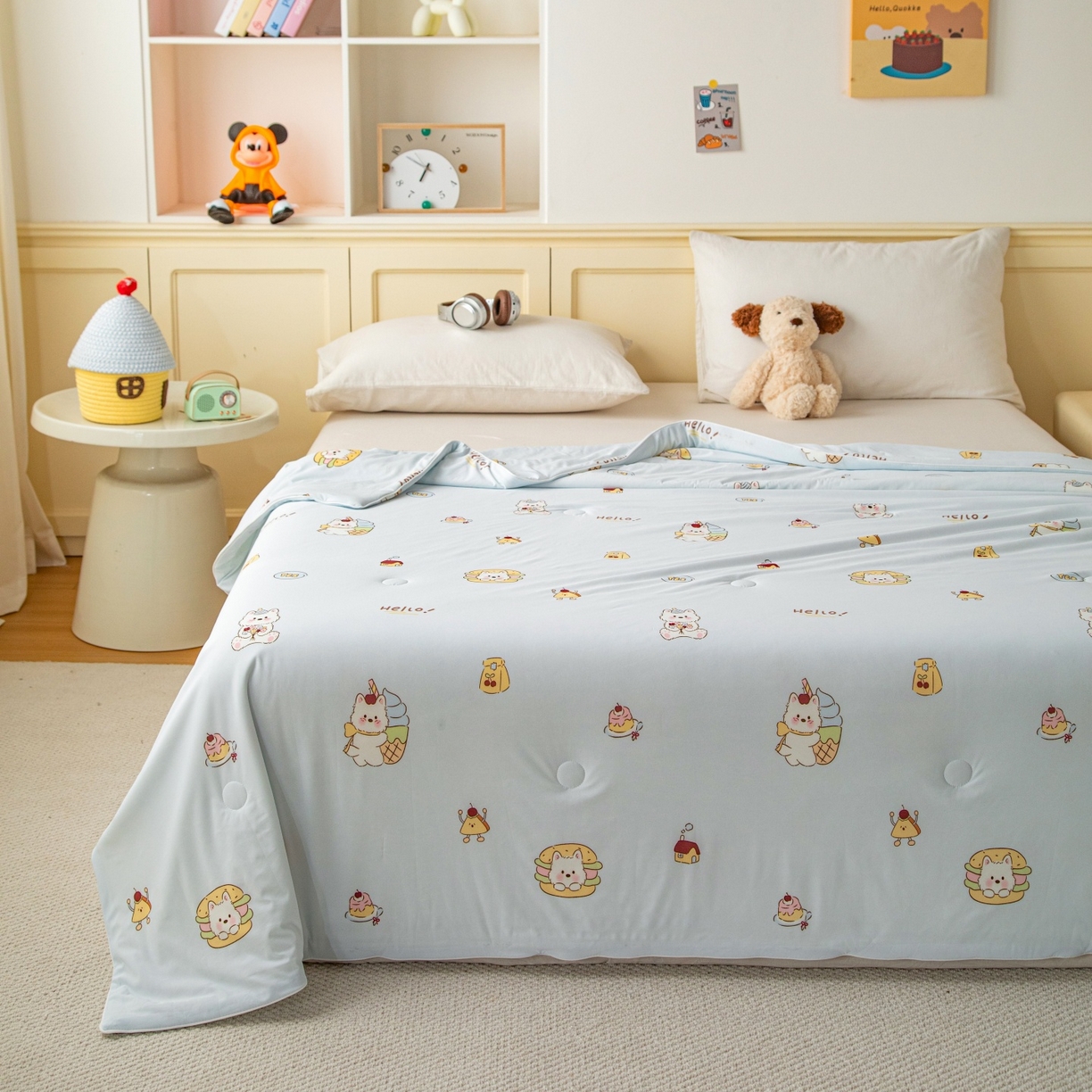 91家纺网 家纺一手货源 找家纺 亿莱鑫 2026春夏新款数码印花仿锦氨夏被夏凉被空调被 萌兔茶点