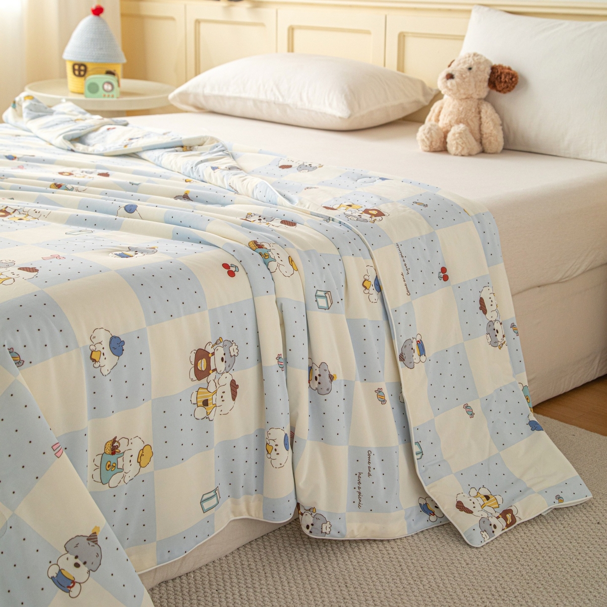 91家纺网 家纺一手货源 找家纺 亿莱鑫 2026春夏新款数码印花仿锦氨夏被夏凉被空调被 萌友轻语