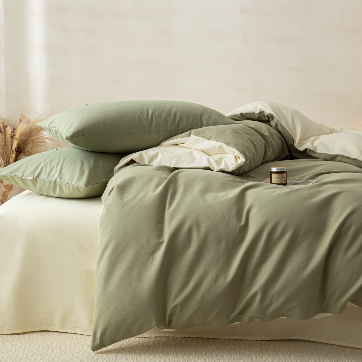 91家纺网 家纺一手货源 找家纺 眠博士 2026新款A类纯色全棉磨毛四件套-陶瓷 套件-陶瓷草绿+奶白