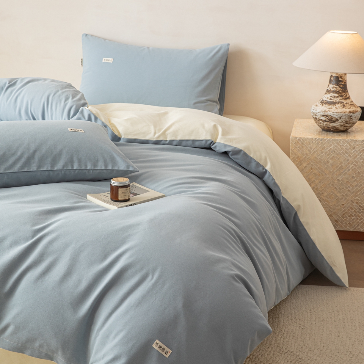 91家纺网 家纺一手货源 找家纺 眠博士 2026新款A类纯色全棉磨毛四件套-陶瓷 套件-陶瓷浅蓝+奶白
