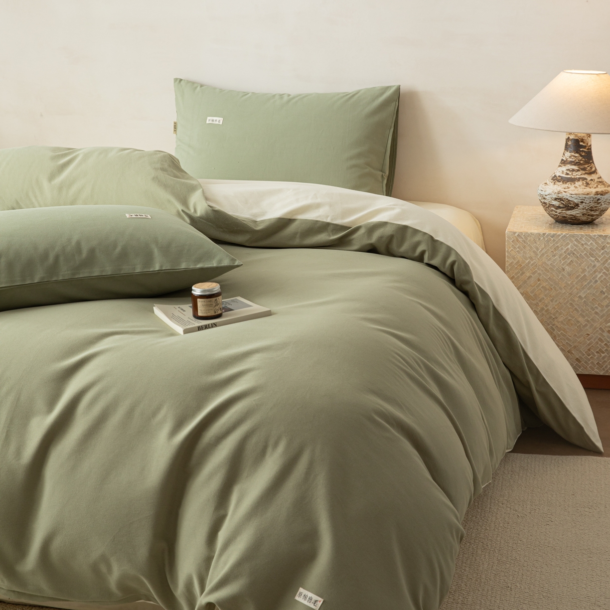 91家纺网 家纺一手货源 找家纺 眠博士 2026新款A类纯色全棉磨毛四件套-陶瓷 套件-陶瓷草绿+奶白