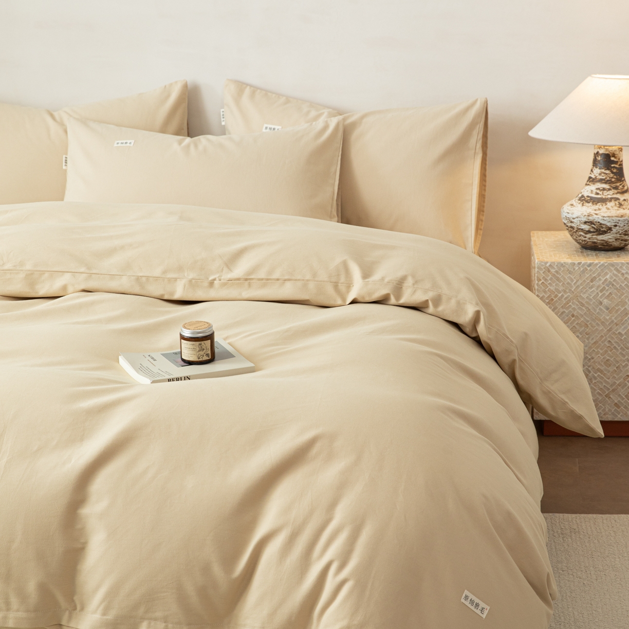 91家纺网 家纺一手货源 找家纺 眠博士 2026新款A类纯色全棉磨毛四件套-陶瓷 套件-陶瓷杏