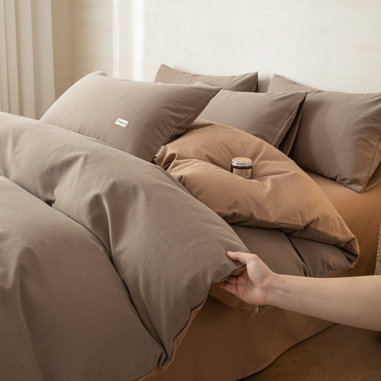 91家纺网 家纺一手货源 找家纺 眠博士 2026新款A类纯色全棉磨毛四件套-陶瓷 套件-陶瓷咖+卡其