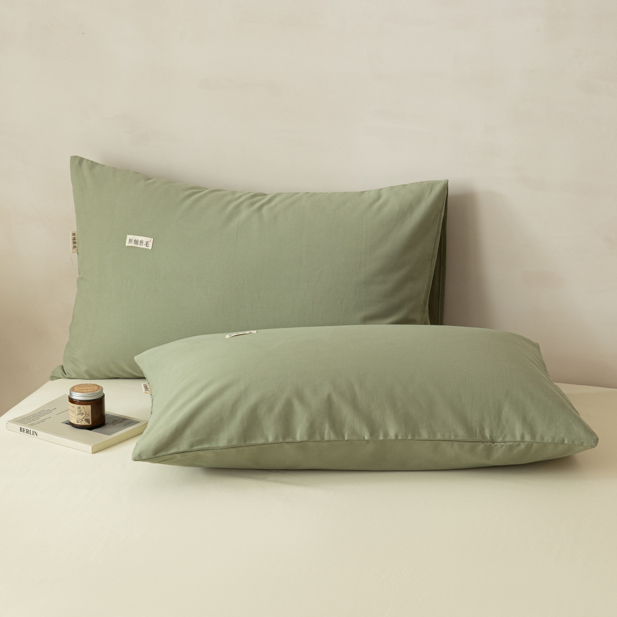 91家纺网 家纺一手货源 找家纺 眠博士 2026新款A类纯色全棉磨毛四件套-陶瓷 套件-陶瓷草绿+奶白