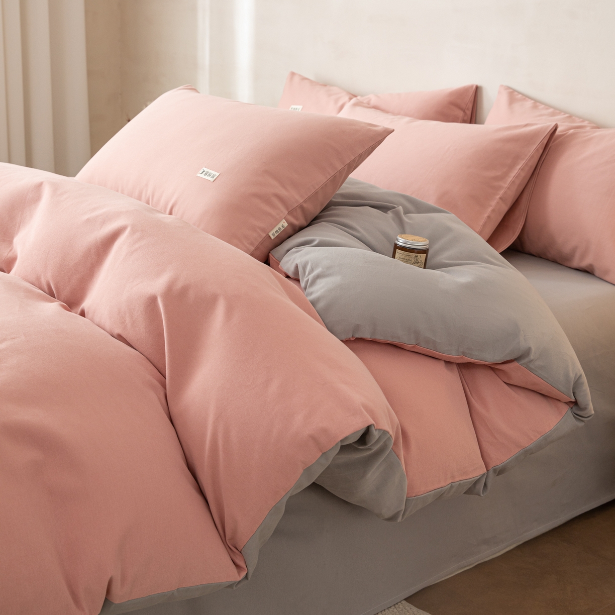 眠博士 2026新款A类纯色全棉磨毛四件套-陶瓷 套件-陶瓷豆沙+浅灰