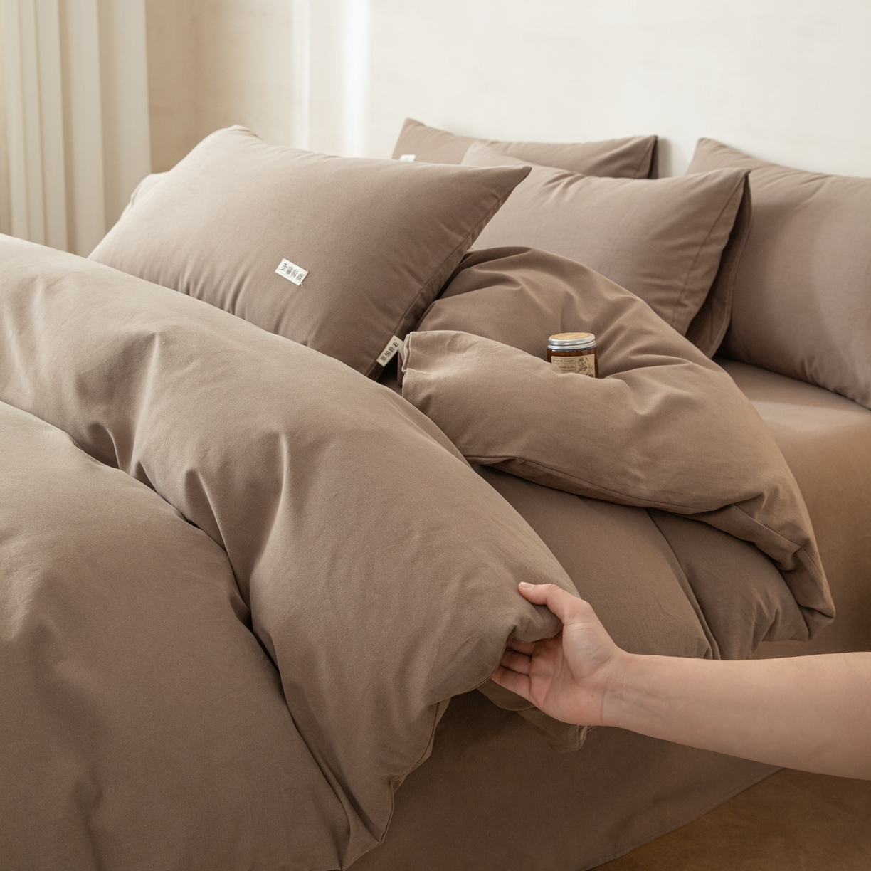 91家纺网 家纺一手货源 找家纺 眠博士 2026新款A类纯色全棉磨毛四件套-陶瓷 套件-陶瓷咖