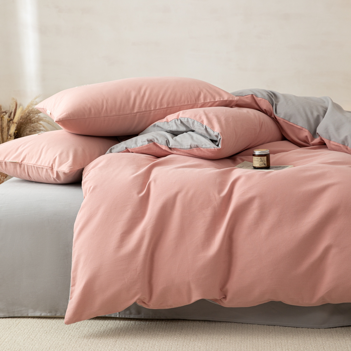 91家纺网 家纺一手货源 找家纺 眠博士 2026新款A类纯色全棉磨毛四件套-陶瓷 套件-陶瓷豆沙+浅灰