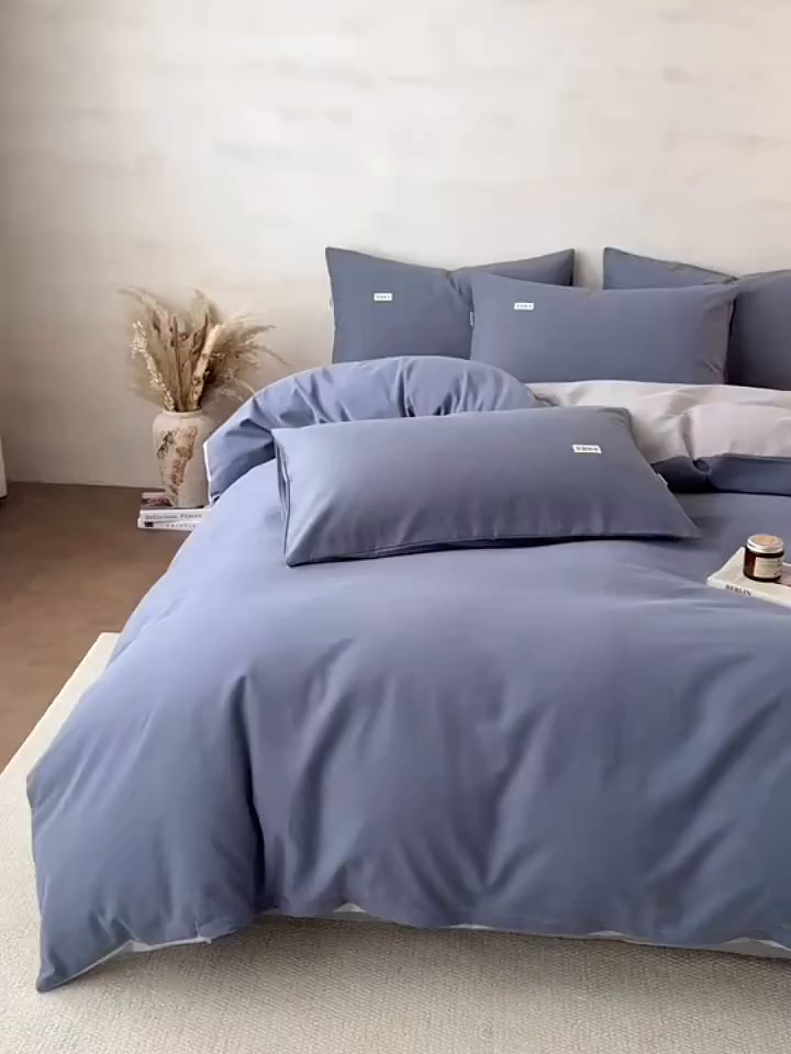 91家纺网 家纺一手货源 找家纺 眠博士 2026新款A类纯色全棉磨毛四件套-陶瓷 套件-陶瓷深蓝+浅灰