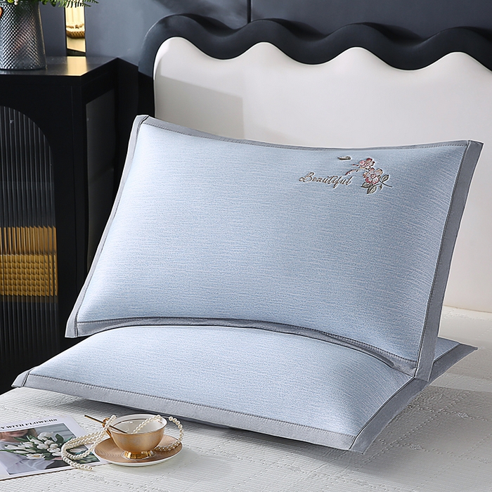 91家纺网 家纺一手货源 找家纺 小牛席业 2026新款夏日花语冰丝夏凉枕套 蓝色