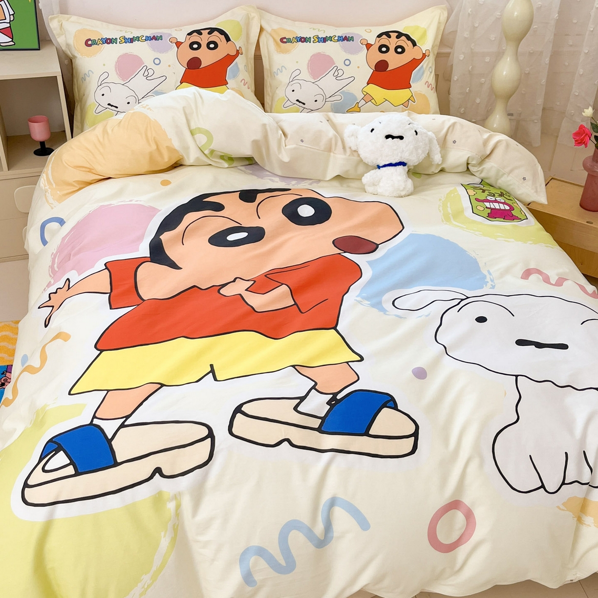 91家纺网 家纺一手货源 找家纺 博雅 2026新款蜡笔小新正版授权全棉纯棉大版枕套单品枕套枕套单件 大版-彩色圈圈蜡笔小新