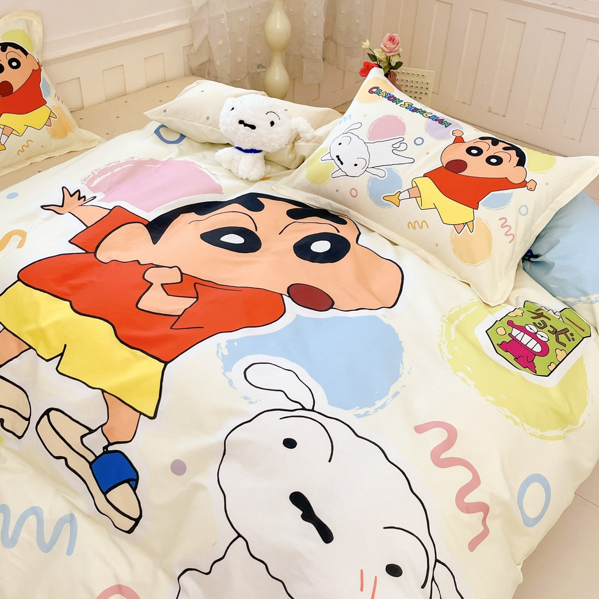 91家纺网 家纺一手货源 找家纺 博雅 2026新款蜡笔小新正版授权全棉纯棉大版枕套单品枕套枕套单件 大版-彩色圈圈蜡笔小新