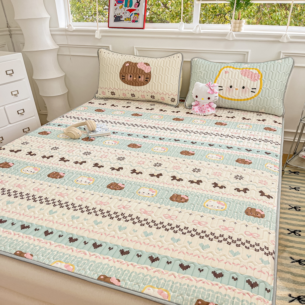 91家纺网 家纺一手货源 找家纺 （总）摩妮卡 2026新款数码大版小清新乳胶凉席床席款三件套-场景一