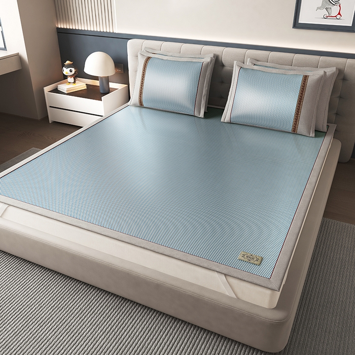 91家纺网 家纺一手货源 找家纺 小牛席业 2026新款经典款-冰藤双面席席子凉席（皮革标款） 海蓝