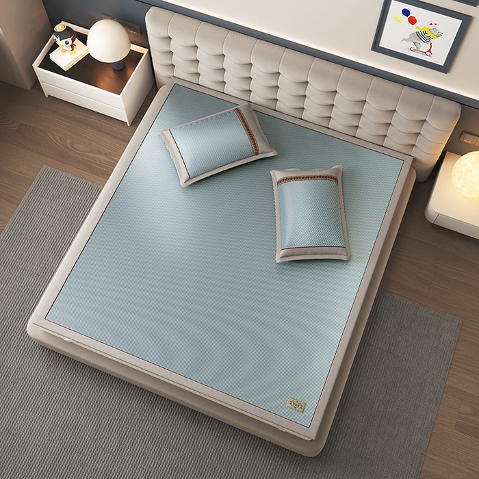 91家纺网 家纺一手货源 找家纺 小牛席业 2026新款经典款-冰藤双面席席子凉席（皮革标款） 海蓝