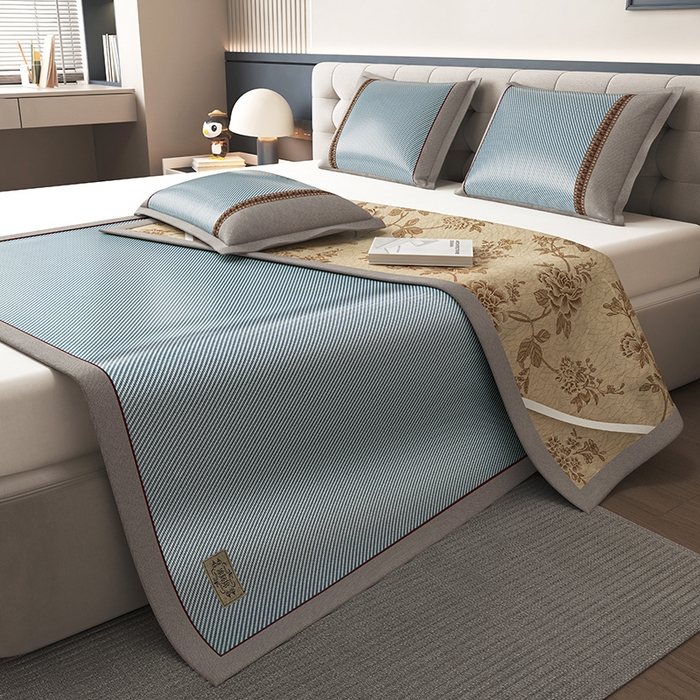 91家纺网 家纺一手货源 找家纺 小牛席业 2026新款经典款-冰藤双面席席子凉席（皮革标款） 海蓝